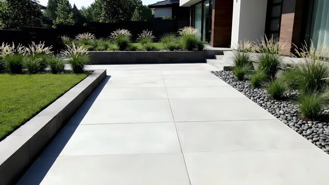 Modern backyard garden with stone pathway and lush greenery