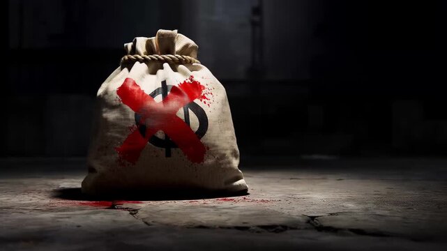 Bag with symbol and red mark sits on concrete floor in dim light