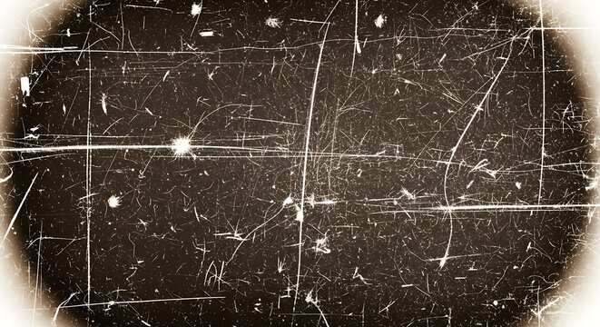 An old film illustration featuring scratches and marks on a dark background with an abstract design