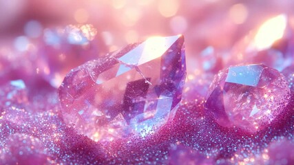 A cinematic macro of sparkling pink and purple crystals on shimmering glitter. The essence of feminine luxury and magic. Ideal for cosmetic brand visuals, jewelry ads, or wellness backgrounds.