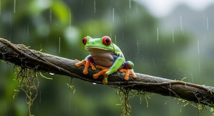 Vibrant red-eyed tree frog perched on a mossy branch in rainforest