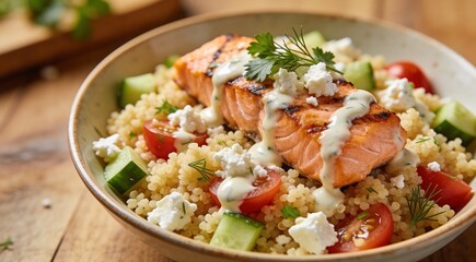 Homemade Salmon Couscous Salad with Feta Dressing