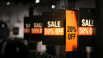 Striking black and orange retail sale tags prominently displaying large percentage discounts like fifty percent off and twenty percent off hang in a clothing store environment.