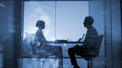 Conceptual Silhouette Business Meeting Laptop Cityscape AI Strategy Session Blue Tone High End Corporate