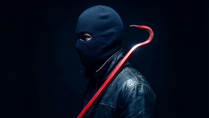 Mysterious figure wearing a dark blue balaclava and black leather jacket holds a bright red crowbar menacingly against a deep, dark background.