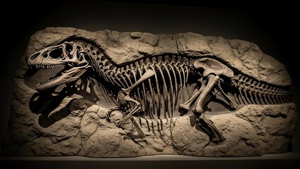 Fototapeta premium Detailed dinosaur skeleton fossil embedded in rock formation