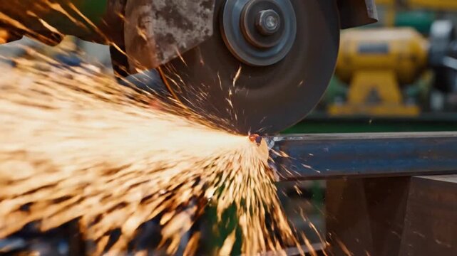 Close-up of a power tool cutting through metal with a shower of orange sparks in a workshop environment