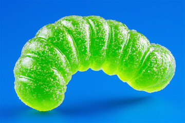 Single green gummy worm candy curved like a caterpillar on vivid blue background. Minimal pop-art still life with strong color contrast, sweet snack concept and copy space.