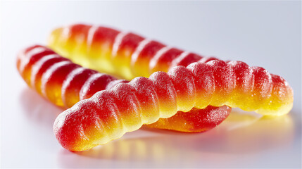 Macro studio shot of twisted colorful gummy worms on a clean white background, highlighting glossy chewy texture. Isolated sweet snack image for dessert, confectionery and copy space.