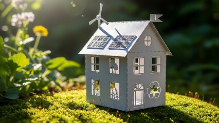 Eco friendly miniature house model with solar panels and wind turbine