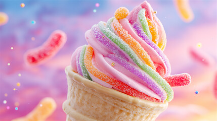 Rainbow soft serve ice cream cone with gummy worms floating in a dreamy pastel bokeh scene. Fantasy dessert concept for summer, celebration, fun mood, vibrant colors and copy space.