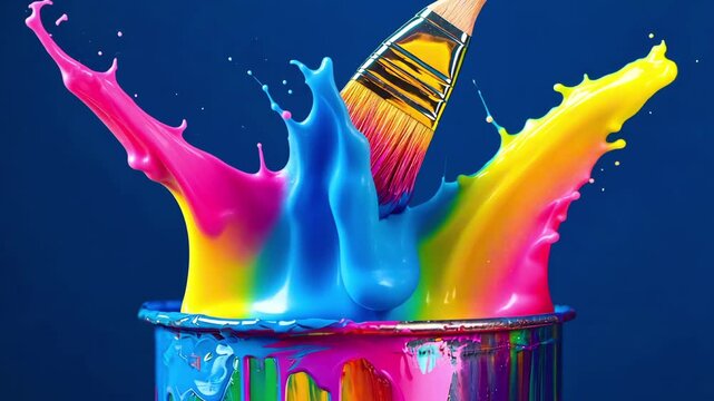 Vibrant paintbrush dips into a colorful can, creating a splash of bright hues as paint flows, showcasing the dynamic movement of colors in a creative process