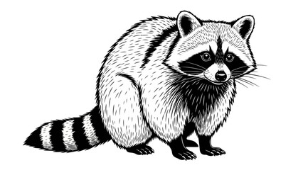 A detailed black and white illustration of a raccoon with its characteristic masked face and ringed tail © dale
