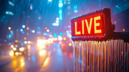 An atmospheric LIVE broadcast sign on a rainy city street with glowing bokeh traffic lights. The pulse of the city, the immediacy of now. Ideal for breaking news intros or live stream overlays.