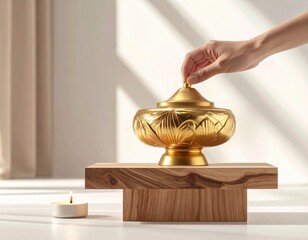 Elegant Golden Ceremonial Vessel on Wooden Stand with Candle Light and Natural Sunlight Illumination