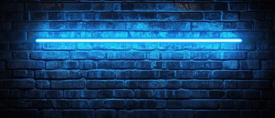 blue neon light on a brick wall at night