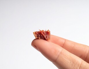 Close Up Of A Person Holding A Small Piece Of Cured Meat Snack Between Thumb And Index Finger With White Background