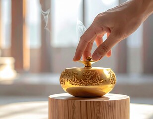 Close up of a hand holding a decorative golden incense burner with smoke rising indoors with soft natural light and wooden pedestal