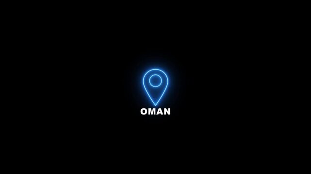 Neon glowing blue location pin looped icon with the word oman on a black background. Modern Oman country map marker design. Place search and direction icon.