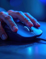 Close up of a hand operating a computer mouse with blue ambient lighting highlighting the textured surface and the user interface.
