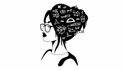 A Woman's Profile Silhouette Adorned with Mathematical Symbols Representing Knowledge and Intelligence