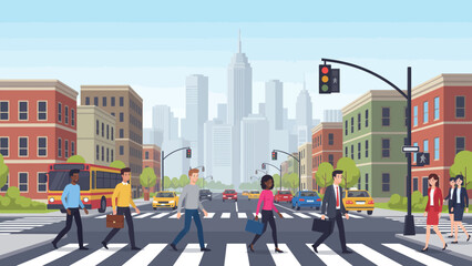 Obraz premium City street with pedestrians crossing at a crosswalk with a bus and traffic lights