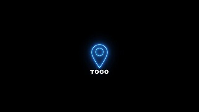 Neon glowing blue location pin looped icon with the word Togo on a black background. Modern Togo country map marker design. Place search and direction icon.