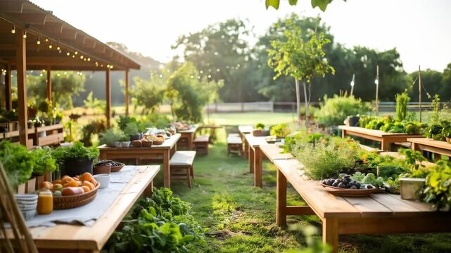 Outdoor farm-to-table dining setup with wooden tables, benches, and fresh produce.