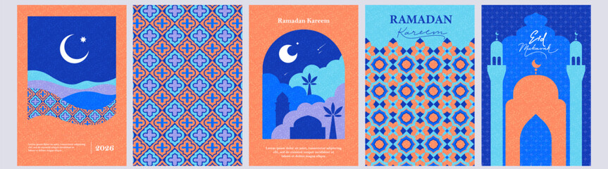 Ramadan colorful cards set. Holy month greetings. Arabic patterns, design elements. 