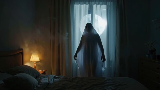 Nighttime bedroom soft moonlight foggy window, blurred semi-transparent ghost silhouette glass, curtains gently swaying shadow flickers walls, cinematic horror atmosphere focus, spooky Halloween vibe