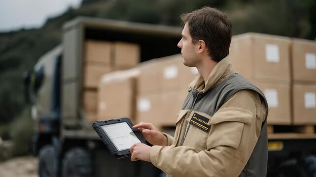 A disaster-response logistics coordinator tracking supply deliveries on a rugged tablet, palettes of blankets and generators loaded into military trucks &mdash; humanitarian planning, resource