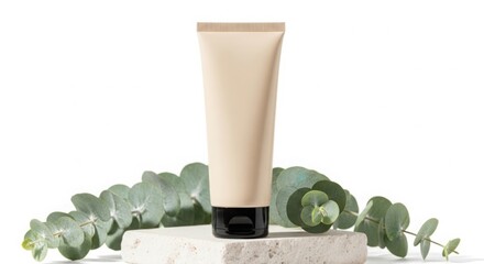 Luxurious beige skincare cream tube with natural greenery accents