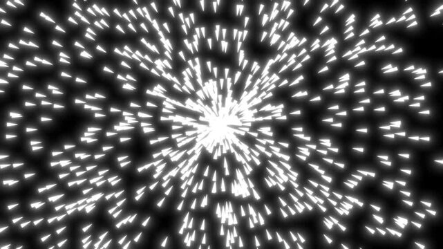 Abstract Explosive Burst Of Glowing White Triangular Particles Radiating From A Central Focal Point Against A Solid Black Background. High-contrast Digital Motion Graphics Showing A Dynamic And Energe