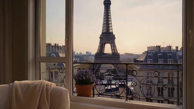 Sunset view from apartment window in Paris with Eiffel Tower in the distance