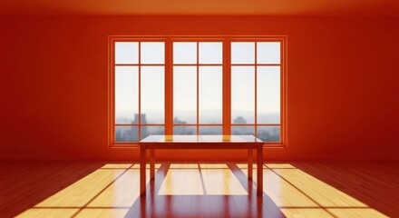 Orange room with large window and wooden table interior