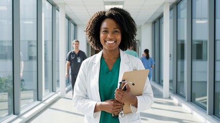 African american female doctor standing in hospital corridor holding clipboard and stethoscope while smiling at camera. Healthcare leadership and medical staff professionalism