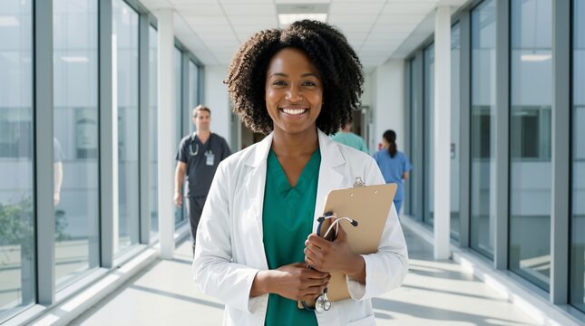 African american female doctor standing in hospital corridor holding clipboard and stethoscope while smiling at camera. Healthcare leadership and medical staff professionalism - Powered by Adobe