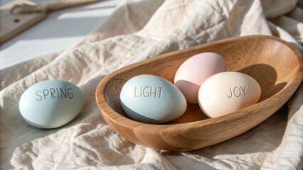 Colorful decorative eggs in a wooden bowl on a light fabric background. The eggs are inscribed with the words 'Spring', 'Light', and 'Joy'.