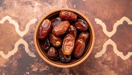 Bowl full of dates sitting on table with pattern wall behind it.