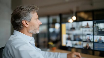 A remote team supervisor holding a video call from a minimalist home office, multiple screens displaying performance dashboards and team faces — hybrid work leadership, digital management, and - Powered by Adobe