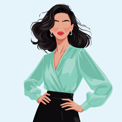 Stylish faceless fashion woman in mint blouse and black skirt, modern flat vector portrait&mdash;ideal for branding, boutique and beauty ads, editorial layouts, posters, social media content, presentations 