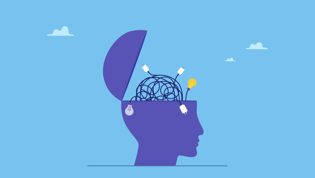 Human head with messy chaos cable line of electric plug and lightbulb ideas. Overthinking, anxiety caused by thinking too much, lost in chaos decision, messed up process or confusion thought.