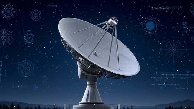 Satellite dish rotating and adjusting its angle towards the night sky, capturing signals and data from distant sources with intricate engineering and precise mechanics in action