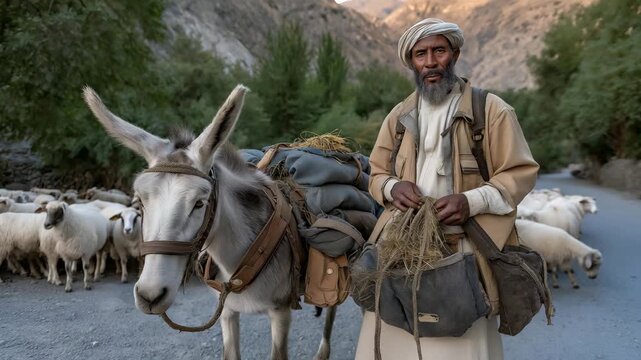 A shepherd preparing seasonal migration, packing saddlebags on a mule as sheep gather for the long journey across valleys &mdash; nomadic herding tradition, transhumance culture, and ancient livestock