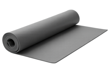 Gray yoga mat, rolled up exercise equipment