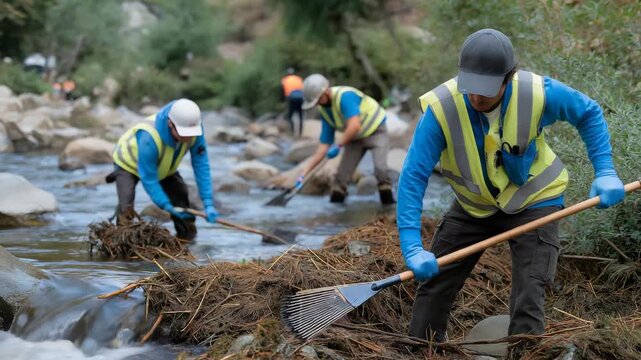 A stormwater utility team clearing debris from a large retention basin after heavy rain, using rakes, nets, and pumps to restore proper flow &mdash; flood prevention, environmental maintenance, and