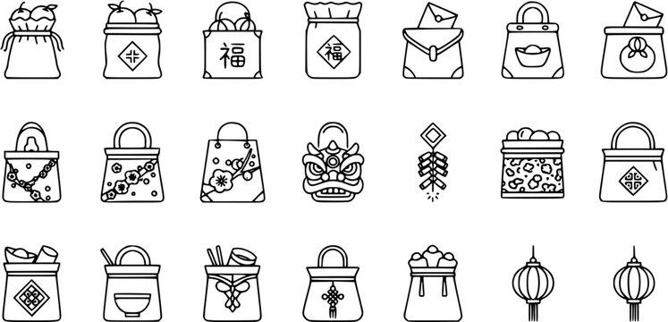 Chinese New Year  Lunar Fortune Traditional Symbols Line Art Icons Set