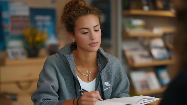 A career guide sitting with a nervous student in a cozy office, mapping out strengths and opportunities on a notepad &mdash; supportive mentorship and professional development. cinematic color
