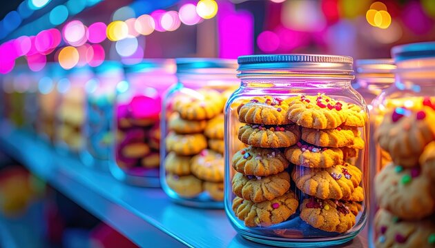 Jar of cookies sitting on shelf in front of colorful display of.