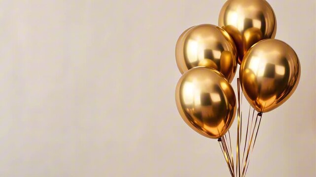 Golden balloons in a cluster, reflecting light with a shiny surface, gradually shifting position against a soft neutral background, showcasing their elegant design and texture